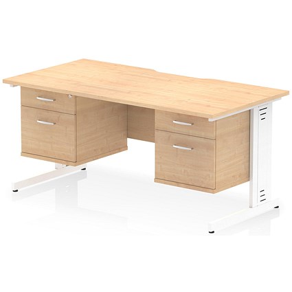 Impulse 1600mm Scalloped Edge Rectangular Desk, White Cable Managed Legs, Maple, With 2 x 2 Drawer Fixed Pedestals