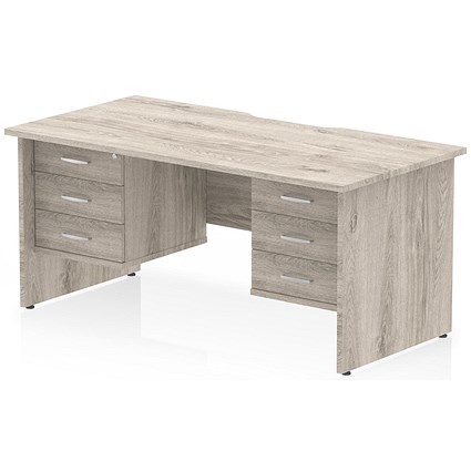 Impulse 1600mm Scalloped Edge Rectangular Desk, Panel End Legs, Grey Oak With 2 x 3 Drawer Fixed Pedestals