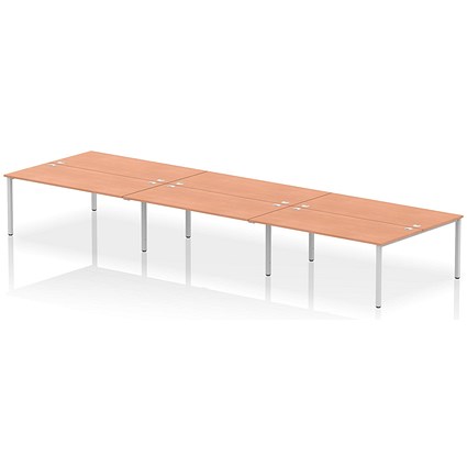 Impulse 6 Person Bench Desk, Back to Back, 6 x 1800mm (800mm Deep), Silver Frame, Beech