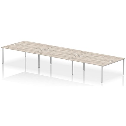 Impulse 6 Person Bench Desk, Back to Back, 6 x 1800mm (800mm Deep), Silver Frame, Grey Oak