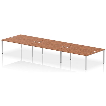 Impulse 6 Person Bench Desk, Back to Back, 6 x 1800mm (800mm Deep), Silver Frame, Walnut