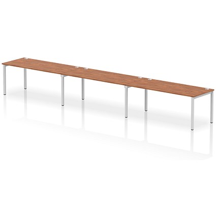 Impulse 3 Person Bench Desk, Side by Side, 3 x 1800mm (800mm Deep), Silver Frame, Walnut