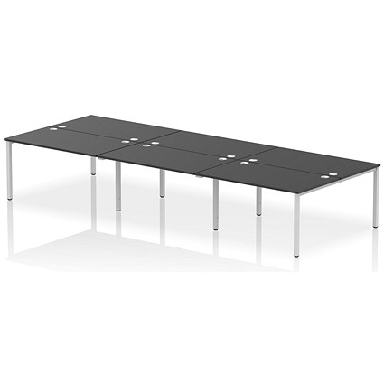 Impulse 6 Person Bench Desk, Back to Back, 6 x 1400mm (800mm Deep), Silver Frame, Black