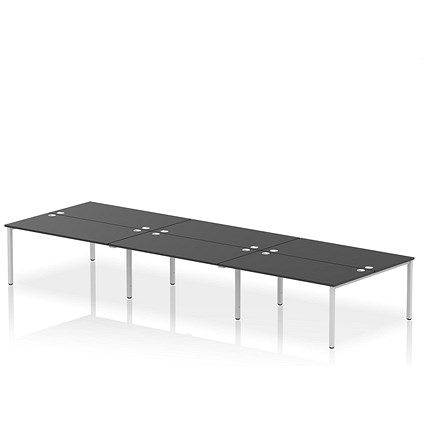 Impulse 6 Person Bench Desk, Back to Back, 6 x 1600mm (800mm Deep), Silver Frame, Black