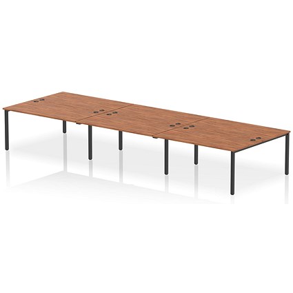 Impulse 6 Person Bench Desk, Back to Back, 6 x 1600mm (800mm Deep), Black Frame, Walnut