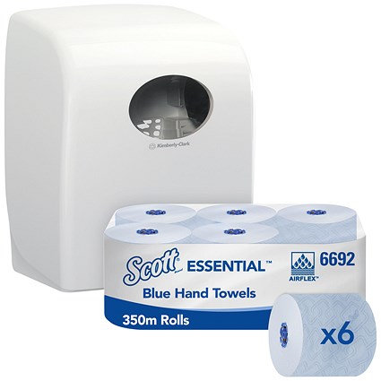 Scott Essentials 1-Ply Hand Towel Roll, 350m, Blue, Pack of 6, Free Dispenser Included