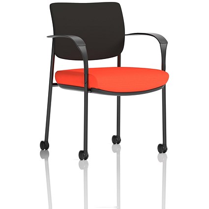 Brunswick Deluxe Visitors Chair, Black Frame, Black Back, With Arms and Castors, Tabasco Orange