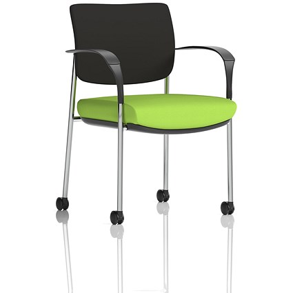 Brunswick Deluxe Visitors Chair, Chrome Frame, Black Back, With Arms and Castors, Myrrh Green