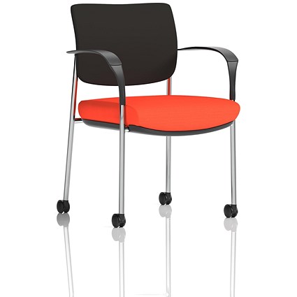 Brunswick Deluxe Visitors Chair, Chrome Frame, Black Back, With Arms and Castors, Tabasco Orange