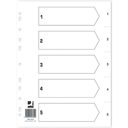 Q-Connect Plastic Index Dividers, 1-5, Clear Tabs, A4, White (Pack of 25)