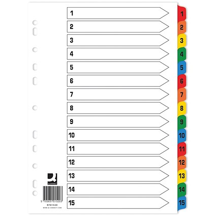 Q-Connect Reinforced Board Index Dividers, 1-15, Multicolour Tabs, A4, White, Pack of 10