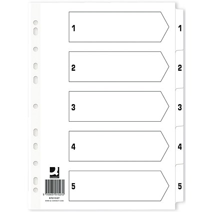 Q-Connect Reinforced Board Index Dividers, 1-5, Clear Tabs, A4, White (Pack of 50)