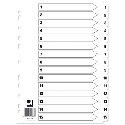 Q-Connect Reinforced Board Index Dividers, 1-15, Clear Tabs, A4, White, Pack of 10