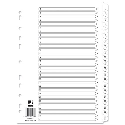 Q-Connect Reinforced Board Index Dividers, 1-31, Clear Tabs, A4, White, Pack of 10