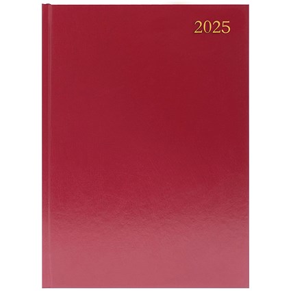 Q-Connect A4 Desk Diary, 2 Pages Per Day, Burgundy, 2025