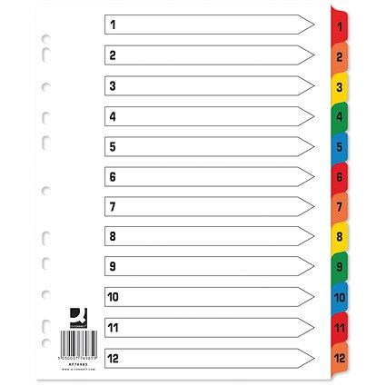 Q-Connect Reinforced Board Index Dividers, Extra Wide, 1-12, Multicolour Tabs, A4, White, Pack of 25