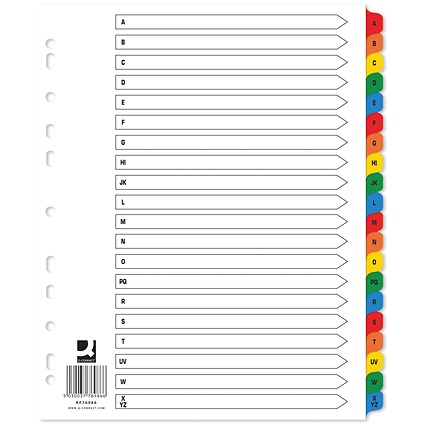 Q-Connect Reinforced Board Index Dividers, Extra Wide, A-Z, Multicolour Tabs, A4, White (Pack of 15)