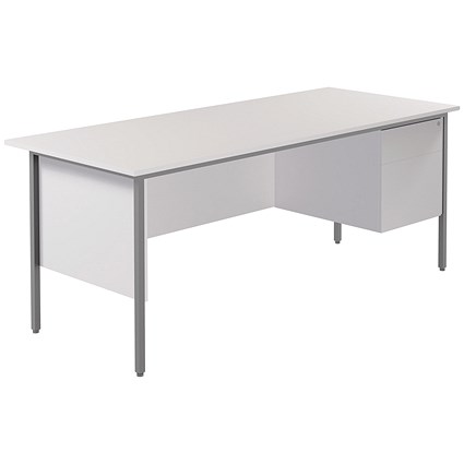 Serrion 1800mm Rectangular Desk with attached 2-Drawer Pedestals, Silver Straight Legs, White