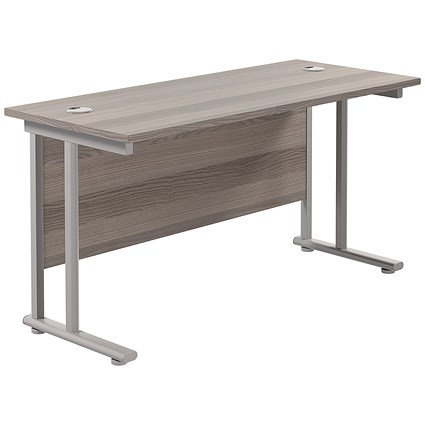 Jemini 1400mm Slim Rectangular Desk, Silver Double Cantilever Leg, Grey Oak