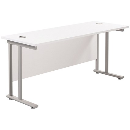 Jemini 1600mm Slim Rectangular Desk, Silver Double Cantilever Leg, White