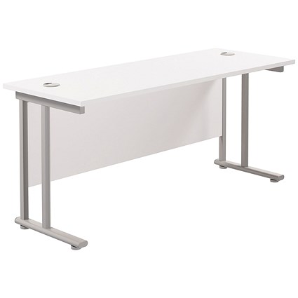 Jemini 1800mm Slim Rectangular Desk, Silver Double Cantilever Leg, White