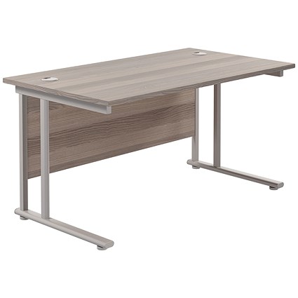 Jemini 1400mm Rectangular Desk, Silver Double Cantilever Leg, Grey Oak