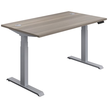 Jemini Sit-Stand Desk, Silver Leg, 1600mm, Grey Oak Top