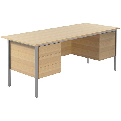 Serrion 1800mm Rectangular Desk with 2 attached Pedestals, Silver Straight Legs, Oak