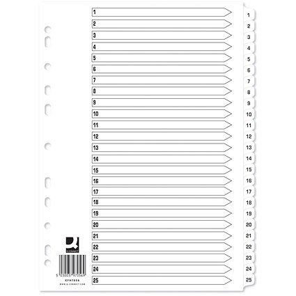 Q-Connect Reinforced Board Index Dividers, 1-25, Clear Tabs, A4, White, Pack of 10