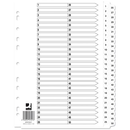 Q-Connect Reinforced Board Index Dividers, 1-50, Clear Tabs, A4, White, Pack of 10