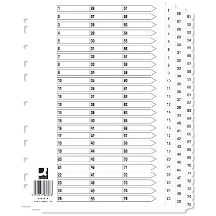 Q-Connect Reinforced Board Index Dividers, 1-75, Clear Tabs, A4, White, Pack of 10