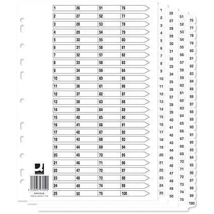 Q-Connect Reinforced Board Index Dividers, 1-100, Clear Tabs, A4, White, Pack of 10