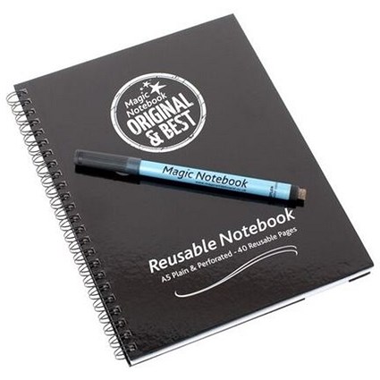 Magic Whiteboard Wirebound Hard Cover Reusable Notebook, A5, Plain, 40 Pages, Black