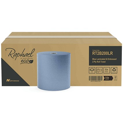 Raphael 2-Ply Hand Towel Roll, 200m, Blue, Pack of 6