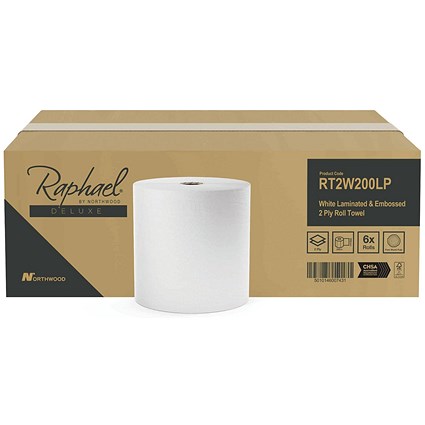 Raphael 2-Ply Hand Towel Roll, 200m, White, Pack of 6