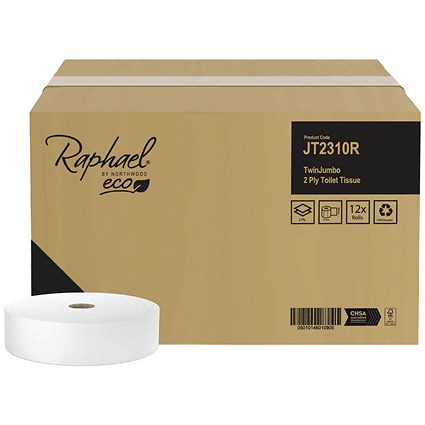 Raphael 2-Ply Twin Jumbo Toilet Roll, 310m, White, Pack of 12