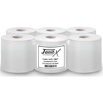 Janit-X Eco 2-Ply 100% Recycled Centrefeed Rolls, 200mmx170mm, 400 Sheets, White, Pack of 6