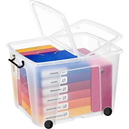 Strata Smart Box With Clip-On Folding Lid and Wheels, 75 Litres, Clear