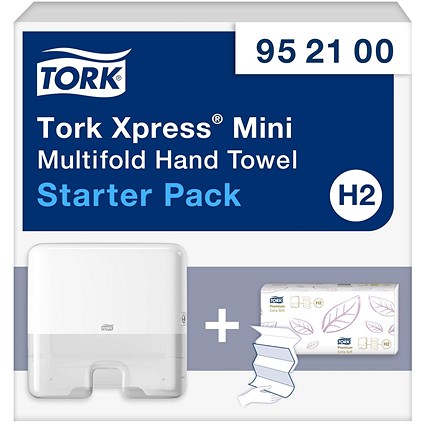 Tork H2 Xpress Mini Multifold Hand Towels Starter Pack, Dispenser and Tork H2 Xpress 2-Ply Extra Soft Hand Towels Sleeve of 100