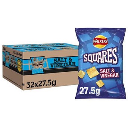 Walkers Squares Salt & Vinegar Crisps, 27.5g, Pack of 32