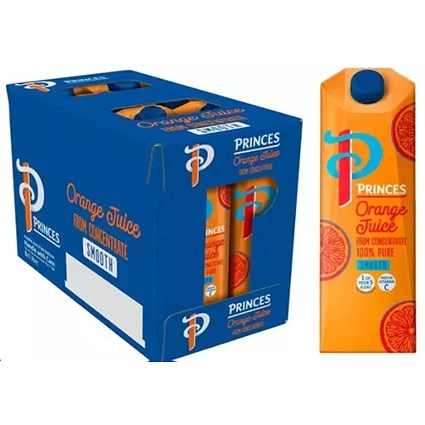 Princes 100% Pure Orange Juice, 1 Litre, Pack of 12