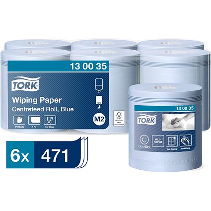 Tork M2 Wiping Paper 1-Ply Centrefeed Rolls, 135m, Blue, Pack of 6