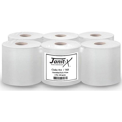 Janit-X Eco 2-Ply 100% Recycled Centrefeed Rolls, 150m, White, Pack of 6