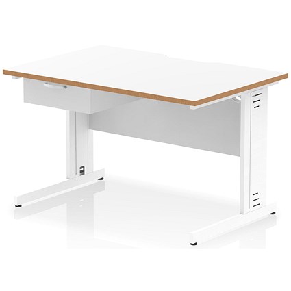 Oslo 1200 Scalloped and Wood Edge Rectangular Desk, Cable Managed Legs, White, With 1 Drawer Fixed Pedestal