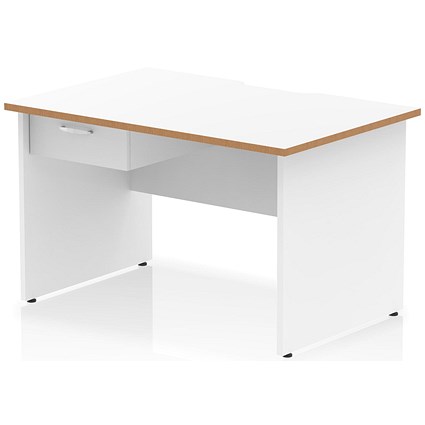 Oslo 1200 Scalloped and Wood Edge Rectangular Desk, Panel End Legs, White, With 1 Drawer Fixed Pedestal