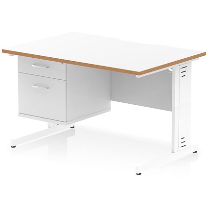 Oslo 1200 Scalloped and Wood Edge Rectangular Desk, Cable Managed Legs, White, With 2 Drawer Fixed Pedestal