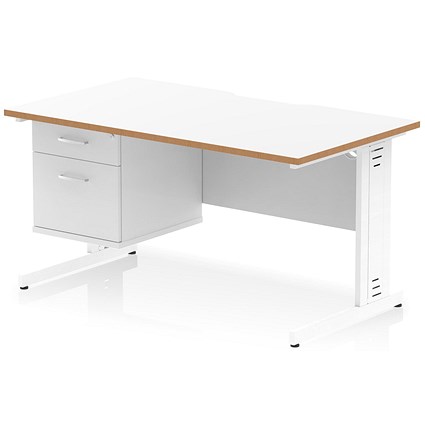 Oslo 1400 Scalloped and Wood Edge Rectangular Desk, Cable Managed Legs, White, With 2 Drawer Fixed Pedestal