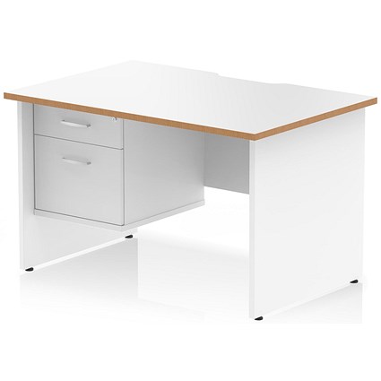 Oslo 1200 Scalloped and Wood Edge Rectangular Desk, Panel End Legs, White, With 2 Drawer Fixed Pedestal