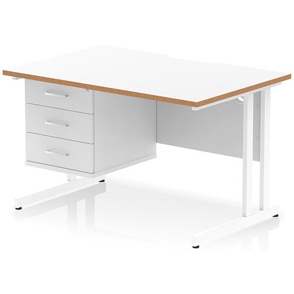 Oslo 1200 Scalloped and Wood Edge Rectangular Desk, Cantilever Legs, White, With 3 Drawer Fixed Pedestal