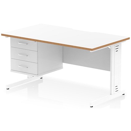 Oslo 1400 Scalloped and Wood Edge Rectangular Desk, Cable Managed Legs, White, With 3 Drawer Fixed Pedestal